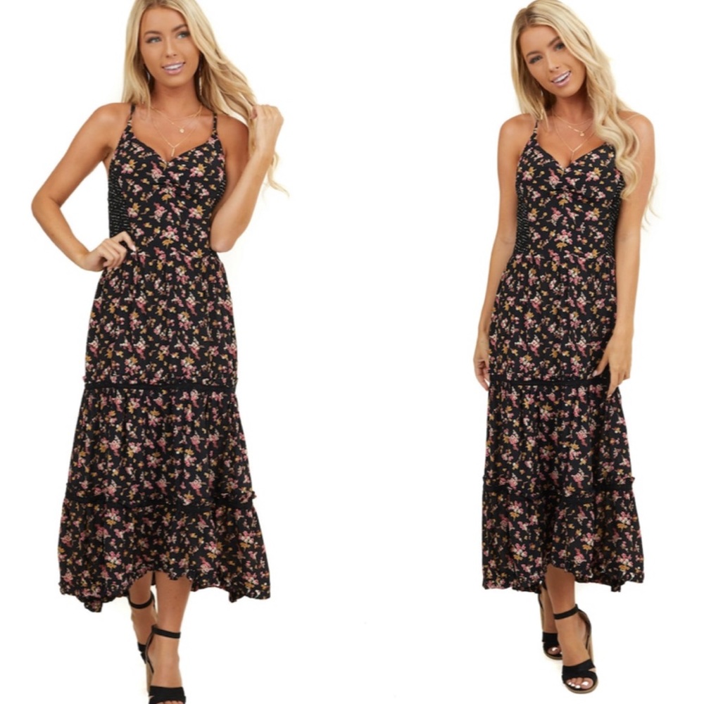 Black Floral Boho High-Low Maxi Dress
